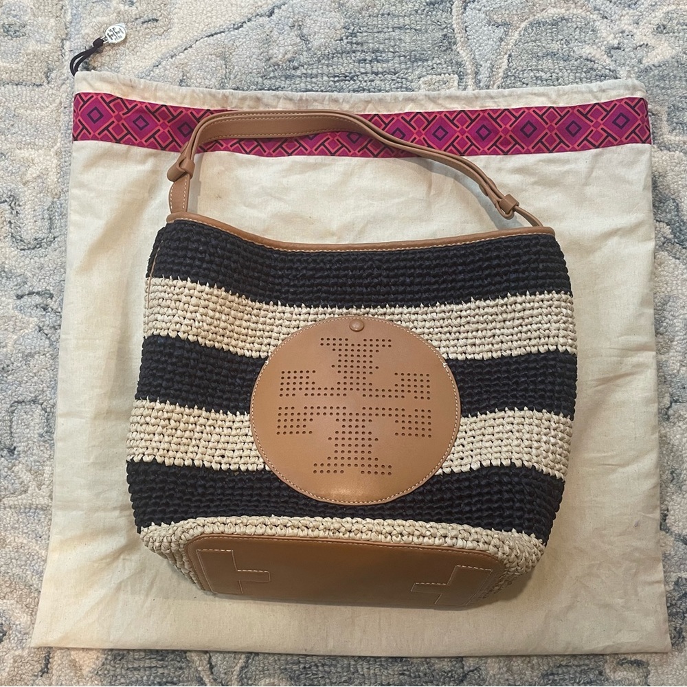 TORY BURCH Navy/Natural Straw LARGE Tote Logo Handbag